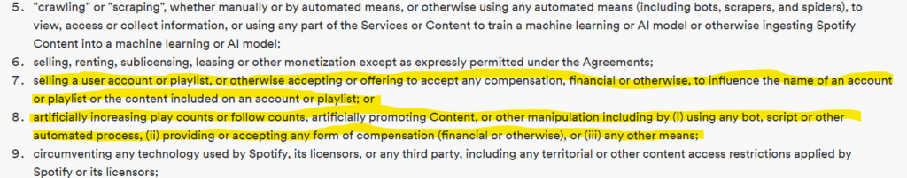 Spotify terms and conditions about selling playlists and paid playlisting