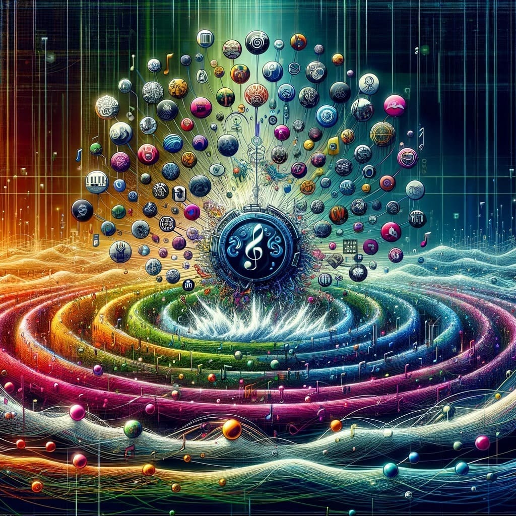 An image generated by Dall-E to symbolize everynoise. A vibrant and intricate web of various music genres connected by flowing lines and nodes.